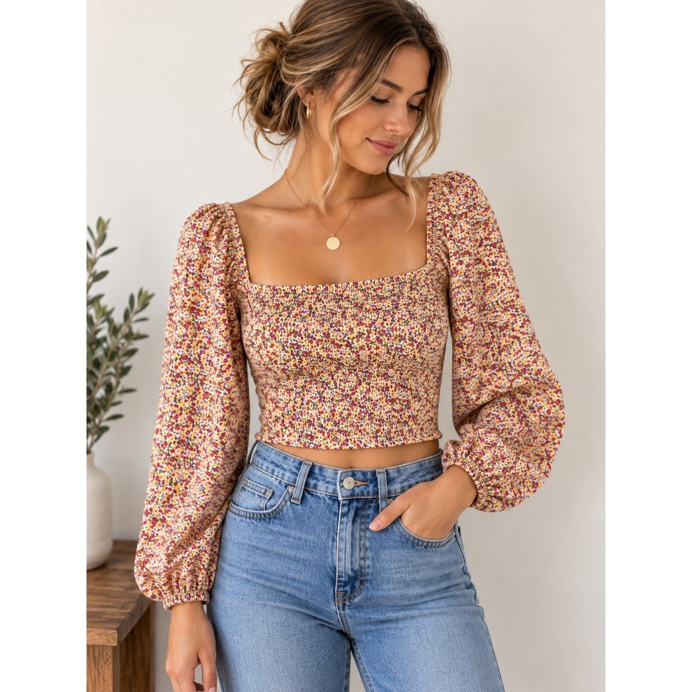 Juniper Blu Floral Smocked Puff Sleeve Crop Top Square Neck Blouse M